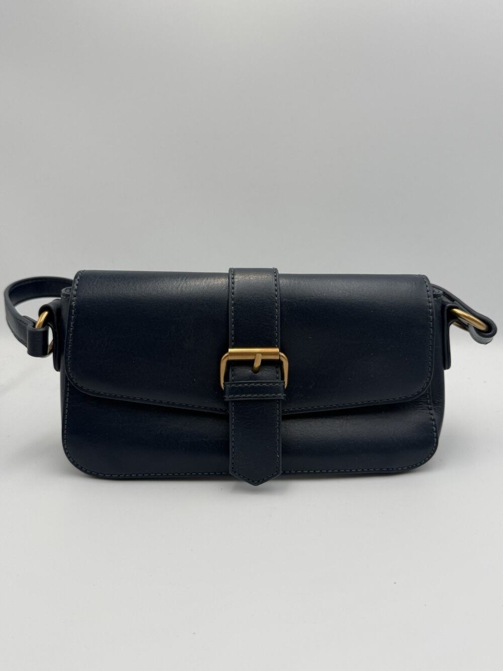 Brandy Melville Navy Blue Faux Leather Buckle Flap Shoulder Bag Baguette